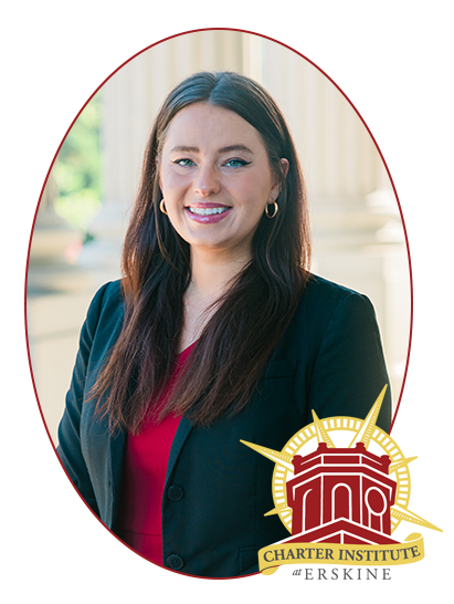 a woman is smiling in front of a charter institute logo