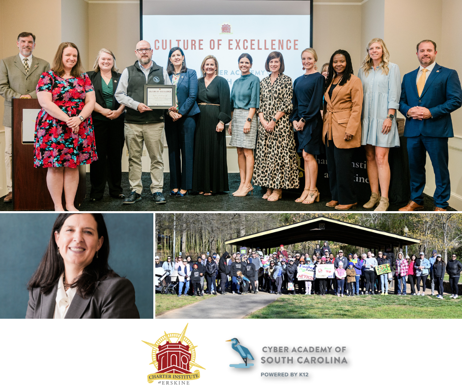 a collage of three photos of staff from the charter institute standing in front of a screen that says culture of excellence, a headshot and a large group photo outside